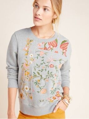 Maeve x Anthropologie Marcie Sweatshirt Womens Small Gray Floral Embroidery Boho
